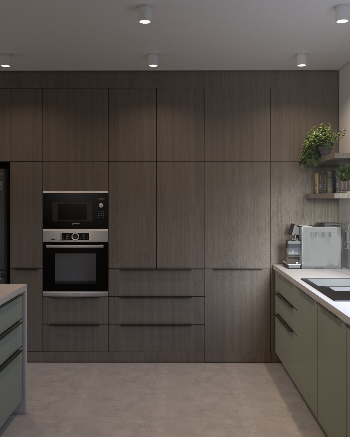 Wysoka, minimalistyczna zabudowa chowa wszystko, co zbędne, pozostawiając tylko spokój i czystą formę. Dyskretne przejście do spiżarni sprawia, że chaos znika za dotknięciem frontu.