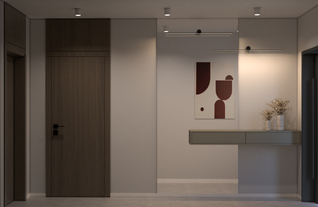 Lustro z kinkietem nad konsolką tworzy wygodny punkt „przed wyjściem”, służący jako miejsce na klucze i do szybkich poprawek.